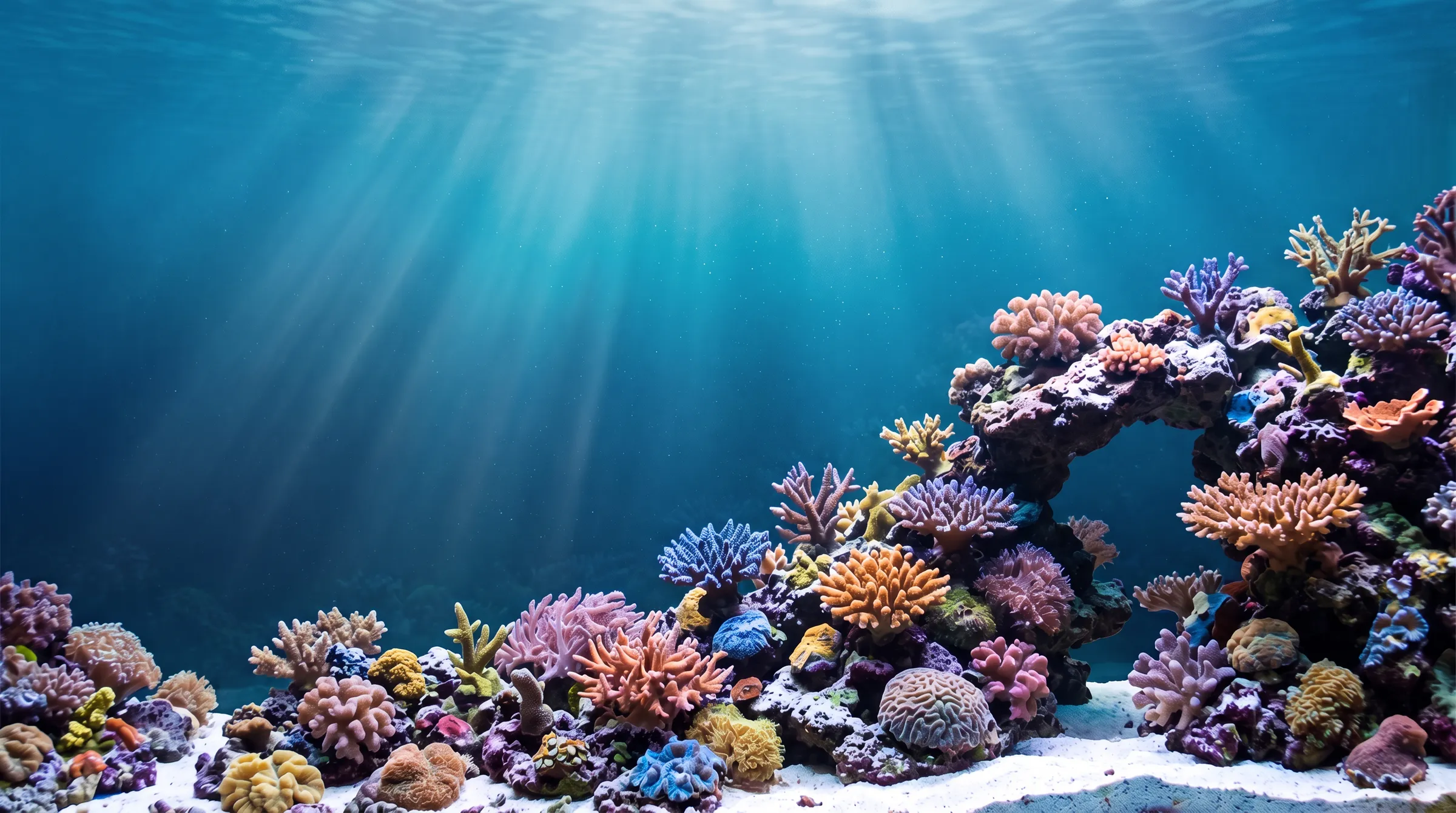 Vue de l'intérieur d'un grand aquarium récifal : eau bleue traversée par la lumière de surface, coraux roses, violets et orangés, arche de roche et sable blanc