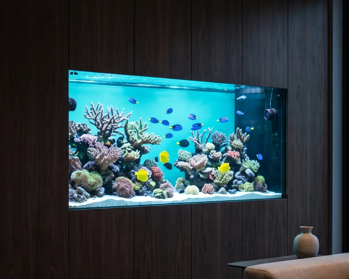 Aquarium récifal encastré dans un mur en noyer sombre : coraux, sable blanc, banc de poissons chirurgiens bleus et quelques jaunes